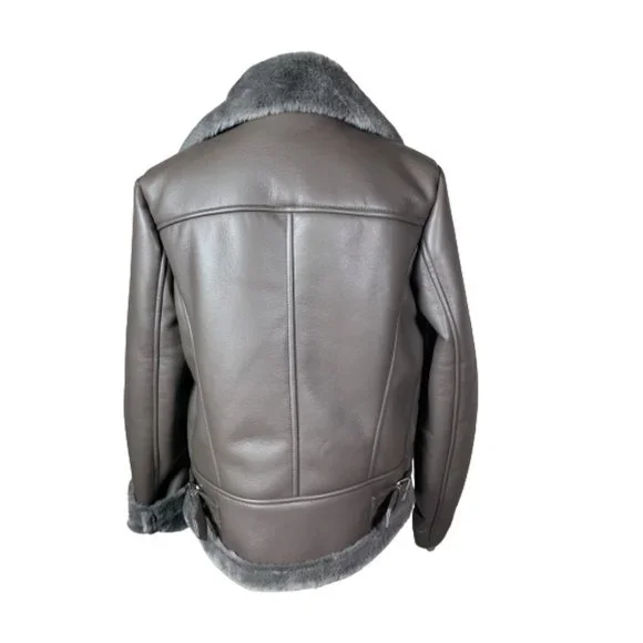 Join Us Khaki Brown Faux Leather Fur Collar Bomber Moto Jacket size Medium